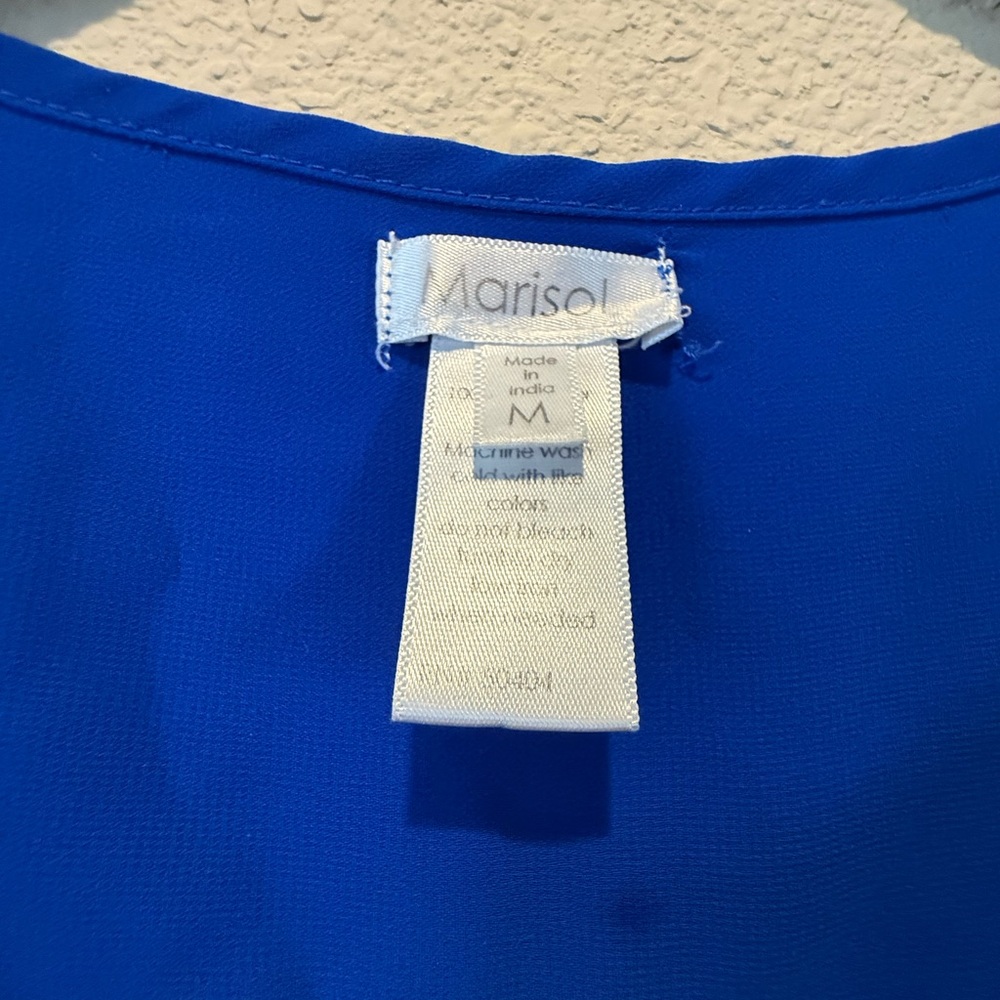 Marisol Cobalt Blue Cuffed Cap Sleeve V-Neck Sheer Blouse With Utility Pockets - Picture 2 of 4